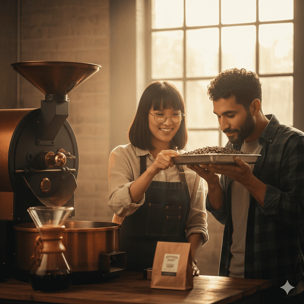 Founders Maya and Diego cupping coffee
